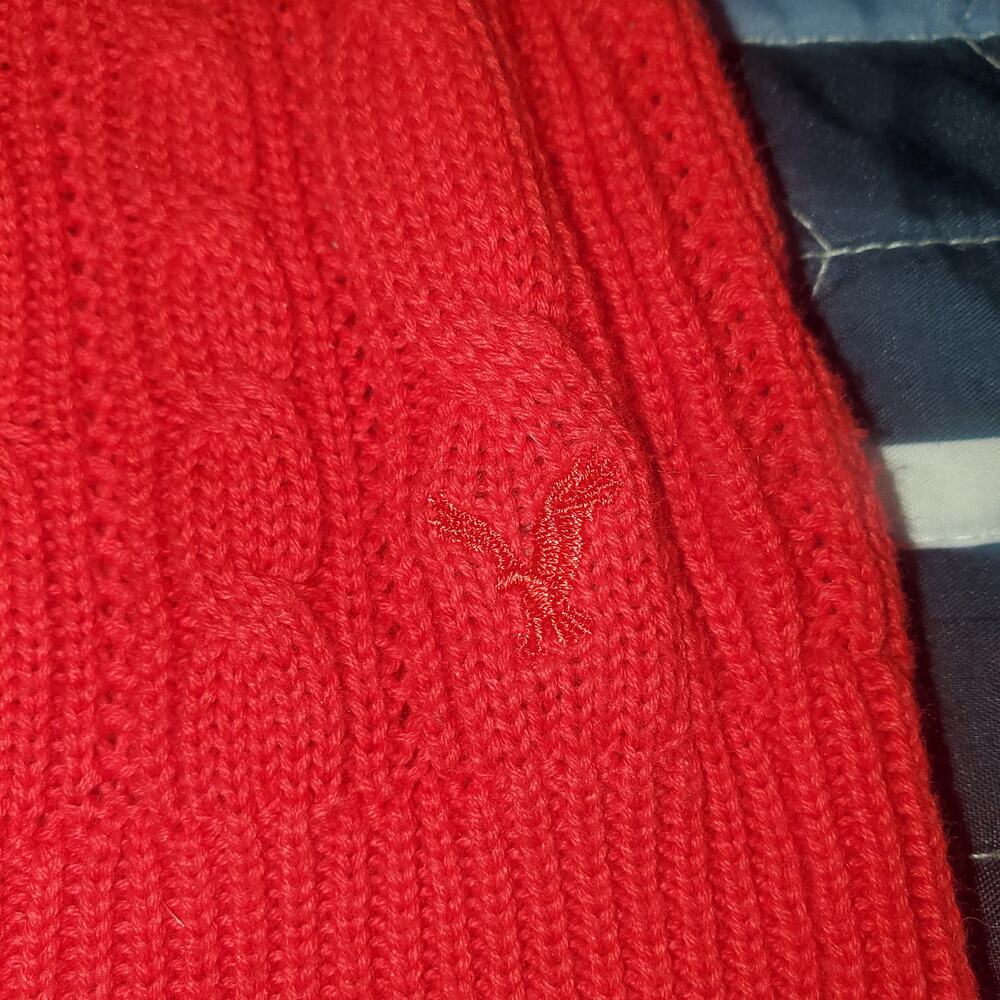 American Eagle XS Red Cable Open Knit V-Neck Sweater LS Fitted Y2K Bella Swan - Picture 6 of 13